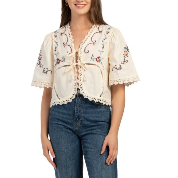 JENNIFER AND GRACE Nude Tie Front Embroidered Top - Picture 1 of 2